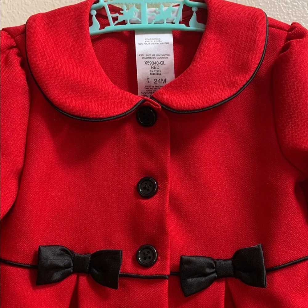 Bonnie Baby Red Valentine’s Day Pea Coat Size 24 Months Black Bows Christmas